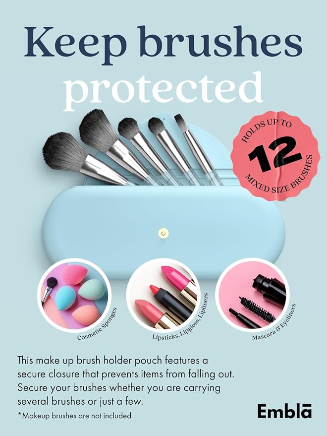 Embla Makeup Brush Holder Travel Cosmetic Case Pouch, Soft Silicone Cosmetic Bag Make Up Brushes Holder with Secure Snap Closure, Travel Makeup Brush Case, Sky