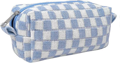Small Cute Checkered Makeup Bag - Portable Cosmetic Pouch with Zipper, Travel Toiletry Bag, Purse Organizer, Beauty Storage, Blue