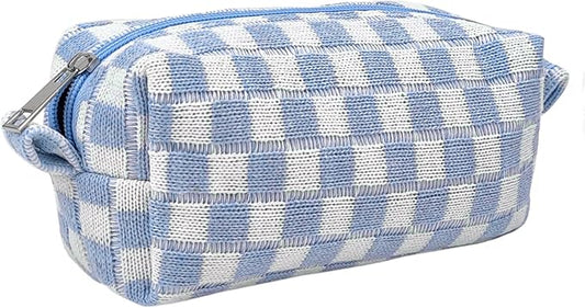 Small Cute Checkered Makeup Bag - Portable Cosmetic Pouch with Zipper, Travel Toiletry Bag, Purse Organizer, Beauty Storage, Blue