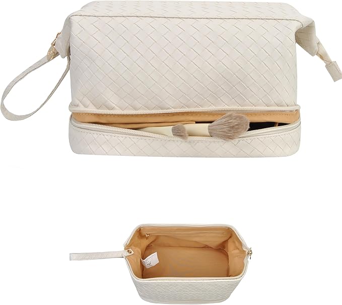 NGIL Faux Leather Cosmetic Bag for Women, Makeup Bag Organizer, Makeup Brush Storage, Portable Travel Bag for Toiletries (Woven, Cream, Medium)