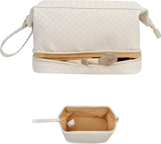 NGIL Faux Leather Cosmetic Bag for Women, Makeup Bag Organizer, Makeup Brush Storage, Portable Travel Bag for Toiletries (Woven, Cream, Medium)