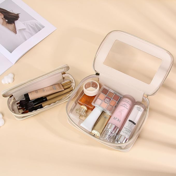 Travel Clear Makeup Bag with Brush Case TSA Approved Toiletry Bag Waterproof Cosmetic Organizer Car Essential for Women (Beige, M+SLIM)