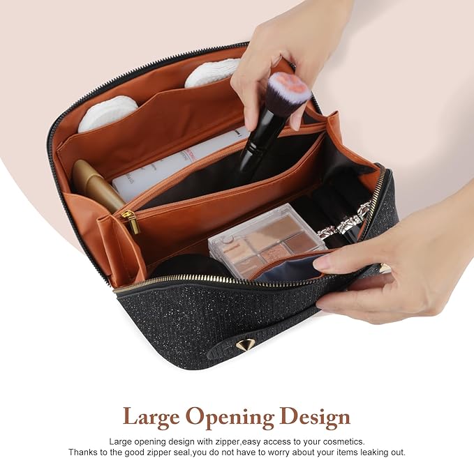 KEYPOWER Large Capacity Glitter Sequin Cosmetic Bag Travel Makeup Bag Sparkly and Shiny Portable Toiletry Bag with Handle for Women (Black)