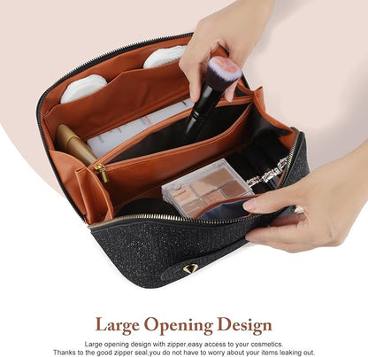 KEYPOWER Large Capacity Glitter Sequin Cosmetic Bag Travel Makeup Bag Sparkly and Shiny Portable Toiletry Bag with Handle for Women (Black)