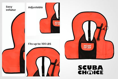 Scuba Choice Kids Snorkel Vest with Front Pocket & Whistle, Orange – Adjustable, Lightweight, Inflatable Vests for Kids Up to 100lbs, Easy Oral Inflator, Removable Strap, Portable Water Safety Gear