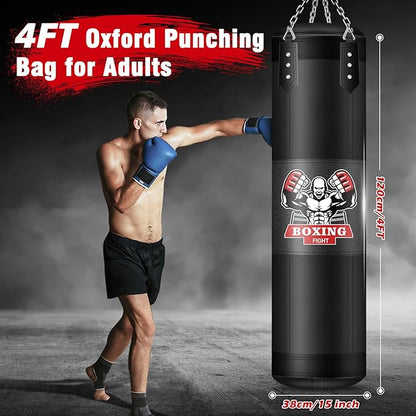 Hanging Punching Bag for Adults, 4ft PU Leather Heavy Boxing Bag Set, Hanging Bag Boxing Equipment for MMA Karate Kickboxing Boxing Home Gym, Unfilled
