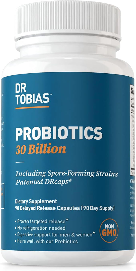 Dr. Tobias Probiotics 30 Billion, 10 Strains, 30 Billion CFU's, Targeted Release Probiotics for Digestive Health, Shelf-Stable Probiotics for Women & Men, Non-GMO, 90 Capsules, 90 Servings