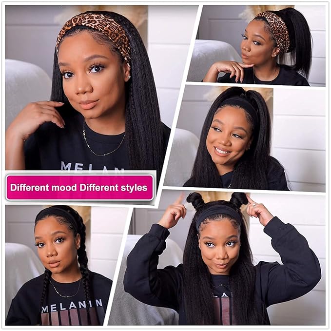 Headband Wigs Human Hair 180% Density 12A Kinky Straight Human Hair Headband Wigs For Black Women Yaki Straight Human Hair Wigs With Headband Attached Half Wig Natural Black Color 24 Inch