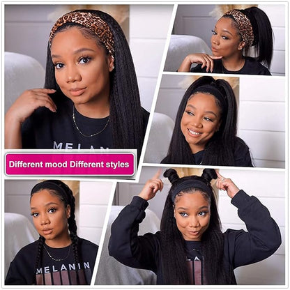 Headband Wigs Human Hair 180% Density 12A Kinky Straight Human Hair Headband Wigs For Black Women Yaki Straight Human Hair Wigs With Headband Attached Half Wig Natural Black Color 24 Inch