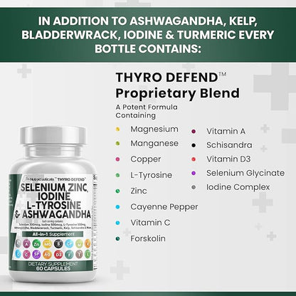 Clean Nutraceuticals Selenium 300mcg Zinc 50mg Iodine 500mcg L Tyrosine 500mg Ashwagandha - Thyroid Support Supplement for Women & Men w/Bladderwrack, Turmeric, Kelp, Schisandra - 60 Capsules