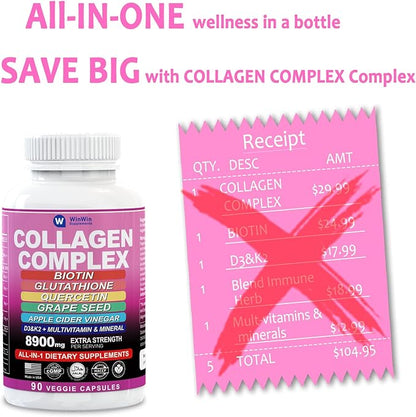 Collagen1000mg Type I, II, III, V, X Multi- Organic Quercetin Grape Seed, Apple Cider Vinegar Botanical Supplement with Biotin Glutathione Multi-Vitamins and Minerals Vitamin 29in1 Made in USA