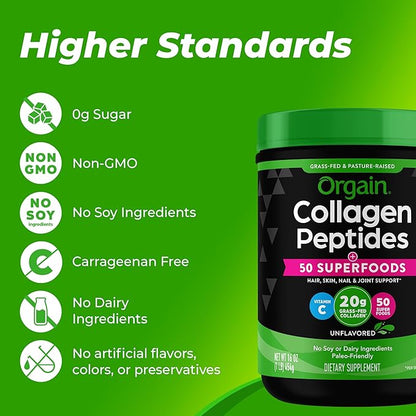Orgain Hydrolyzed Collagen Powder + 50 Organic Superfoods For Women & Men, 20g Grass Fed Collagen with Vitamin C, Unflavored - Hair, Skin, Nail, & Joint Support Supplement, Non-GMO, Type I & III, 1lb