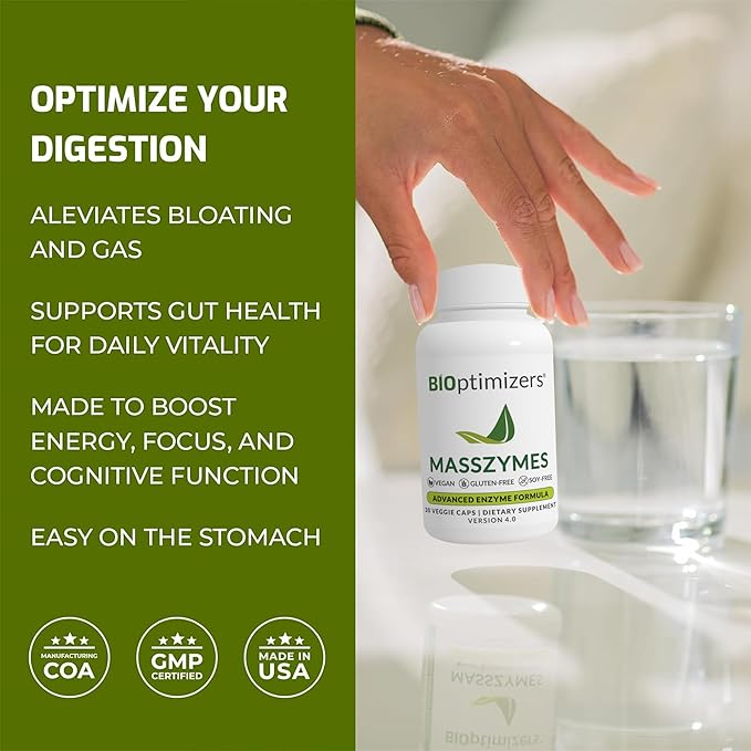 BiOptimizers - MassZymes 4.0 with AstraZyme - Digestive Enzyme Supplement for Better Absorption - Relief from Bloating, Constipation, and Gas - Contains Lipase, Amylase, and Bromelain, 30 Capsules