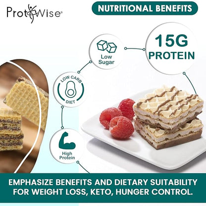 ProtiWise High Protein Wafers | Vanilla | 15g Protein Per Serving, Low Carb, Low Sugar, High Fiber Snack | Gluten-Free, Keto-Friendly Diet for Hunger Control & Weight Loss | 5/Box