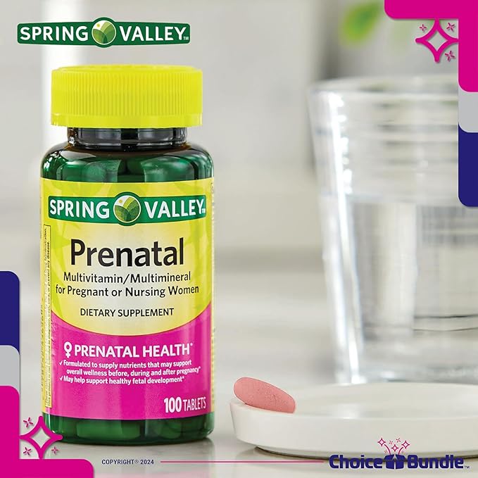 Spring Valley Prenatal Multivitamin Multimineral for Pregnant & Nursing Women Dietary Supplement Tablets 100 Ct 4 pk Choice Bundle (400 Total) + Vitamin Guide & Pill Container (6 Items)!