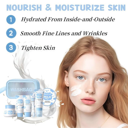 Skin Care Kit Milk Girls Gifts - Teen Skin Care Set - Skin Care Routine Kit for Women - with Hand Wax,Sunscreen,Face & Eye Cream,Exfoliating Scrub,Skin Care Bag - Mothers Day Gifts (7PCS, Milk)