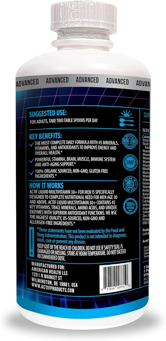 ACTIF Liquid Daily Multivitamin for Men Age 30+ with 40 Advanced Factors – Non GMO, Made in USA, 32oz, Expiration: 05/2026