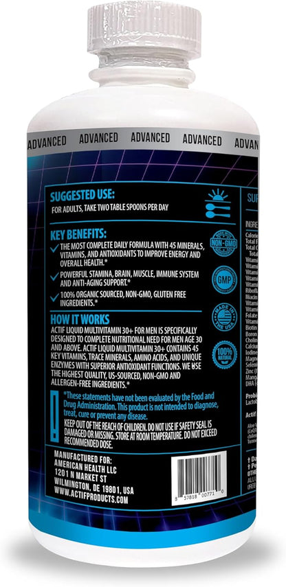 ACTIF Liquid Daily Multivitamin for Men Age 30+ with 40 Advanced Factors – Non GMO, Made in USA, 32oz, Expiration: 05/2026