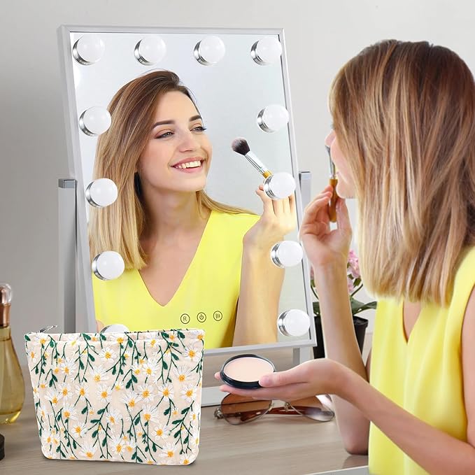 Flower Makeup Bag Travel Daisy Floral Cosmetic Bag for Women Cute Makeup Pouch Zipper Cosmetic Pouch for Purse Jacquard Aesthetic Floral Skincare Bag Portable Travel Toiletry Bag Organizer