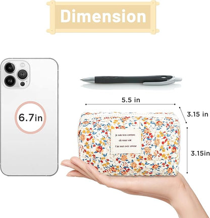 Floral Makeup Bag Small Cotton Quilted Cosmetic Makeup Bag Organizer, Aesthetic Portable Pouch Purse Toiletry Bag for Women Girls Travel accessories (Red Floral-S)