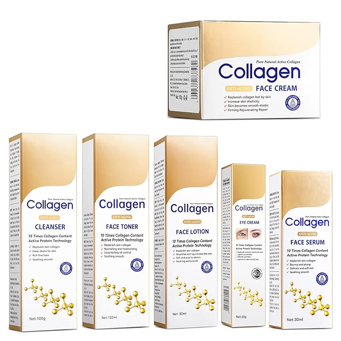 Collagen Skin Care Set, Anti Aging Skincare Set for Face, Shrink Pores, Hydrate & Firm Skin, 6 Pcs Individually Packaged Skincare Kits for Women with Cleanser, Toner, Lotion, Serum, Cream, Eye Cream.