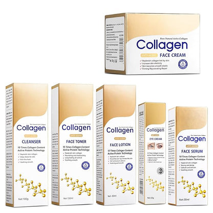 Collagen Skin Care Set, Anti Aging Skincare Set for Face, Shrink Pores, Hydrate & Firm Skin, 6 Pcs Individually Packaged Skincare Kits for Women with Cleanser, Toner, Lotion, Serum, Cream, Eye Cream.