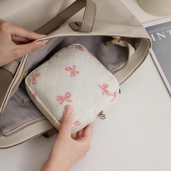 Small Quilted Cotton Makeup Bag for Purse, Cosmetic Bag with Compartments, Cotton Aesthetic Makeup Bag, Travel Toiletry Pouch, Lipstick Bag Card Holder Data Cable Organizer (08White Pink Bow)