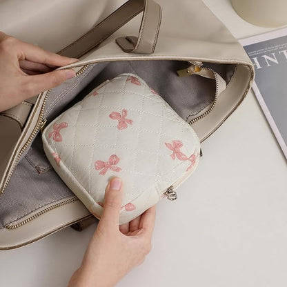 Small Quilted Cotton Makeup Bag for Purse, Cosmetic Bag with Compartments, Cotton Aesthetic Makeup Bag, Travel Toiletry Pouch, Lipstick Bag Card Holder Data Cable Organizer (08White Pink Bow)