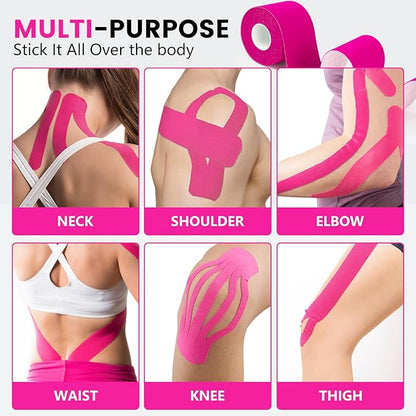 5 Rolls Kinesiology Tape, 2 inch x 16.4 Feet Waterproof Athletic Tape, Uncut Kinetic Tape, Muscle Tape, Sports Tape, Knee Tape for Exercise and Daily Use - Rose Red