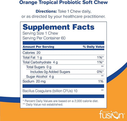 Bariatric Fusion Bariatric Probiotic Soft Chews | Orange Tropical Flavor Chewy Bariatric Vitamin | Bacillus Coagulans 10 Billion CFU Chewable Probiotic | Support Digestive & Immune Health | 60 Count
