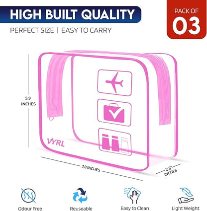 VYRL 3 Pack Clear Makeup Bag - Quart Size 3-1-1 TSA Approved Toiletry Bag with Zipper - Water-Resistant Durable PVC Clear Toiletry Bag for Carry-on Airport Travel Accessories - Rose Pink