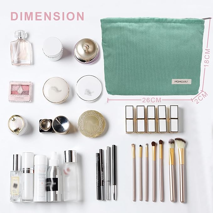Corduroy Makeup Bag Cosmestic Bag Large Capacity Ladies Women Aesthetic Make Up Organizer Accessories Zipper Pouch Purse （Beige+Light Green）