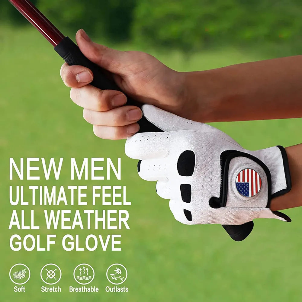 Amy Sport Golf Gloves Men Left Hand Right Handed Golfer 3 Pack with Ball Marker Soft Leather Weathersof Grip Mens Glove Size S M ML L XL XXL 3XL