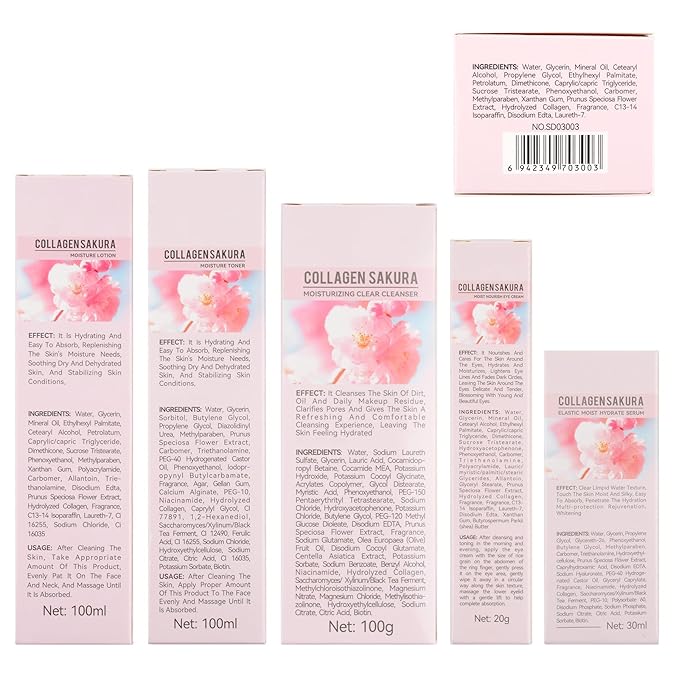 Sakura Skin Care Set, Cherry Blossom Skincare Set for Teen Girls, Hydrate & Repair Skin, 6 Pcs Individually Packaged Collagen Skin Care Kits with Cleanser, Toner, Lotion, Serum, Cream & Eye Cream