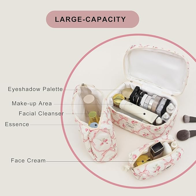kingkiss Makeup Bag, Quilted Cosmetic Bag, Large Capacity Make Up Bag for Women, Cute Floral Storage Toiletry Bag Travel Storage Makeup Bag (Pink)