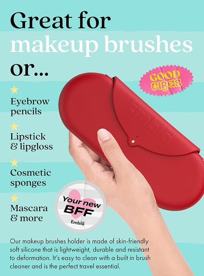 Embla Makeup Brush Holder Travel Cosmetic Case Pouch, Soft Silicone Cosmetic Bag Make Up Brushes Holder with Secure Snap Closure, Travel Makeup Brush Case, Ruby