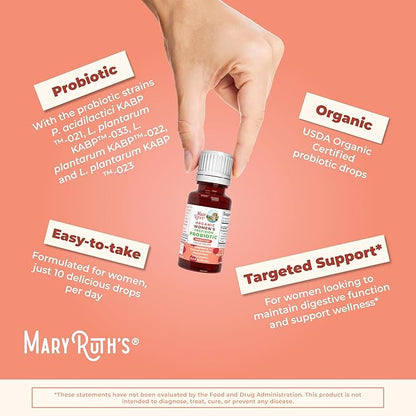 MaryRuth Organics USDA Organic Womens Probiotic Liquid Drops for Digestive Health | Targeted Support for Women | Four Probiotic Blend | Women's Wellness | Dairy Free | 30 Servings