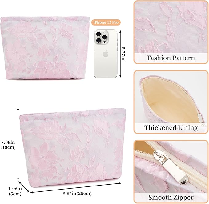 WOZEAH Floral Makeup Bag for Purse Small Cosmetic Pouch,Stylish Zipper Make up Pouch Travel Canvas Toiletry Bags(Jacquard Pink)