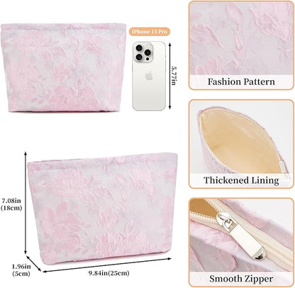WOZEAH Floral Makeup Bag for Purse Small Cosmetic Pouch,Stylish Zipper Make up Pouch Travel Canvas Toiletry Bags(Jacquard Pink)