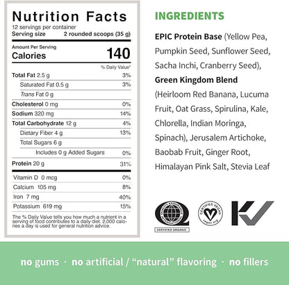 Sprout Living Epic Protein, Plant Based Protein & Superfoods Powder, Green Kingdom | 20 Grams Organic Protein Powder, Greens, Vegan, Non Dairy, Non-GMO, Gluten Free, Low Sugar (1 Pound, 12 Servings)