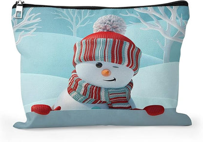 Cafl Cute Snowman Makeup Bag Winter Landscape Cosmetic Bag Zipper Cosmetic Pouch Large Travel Linen Make Up Organizer for Purse for Women