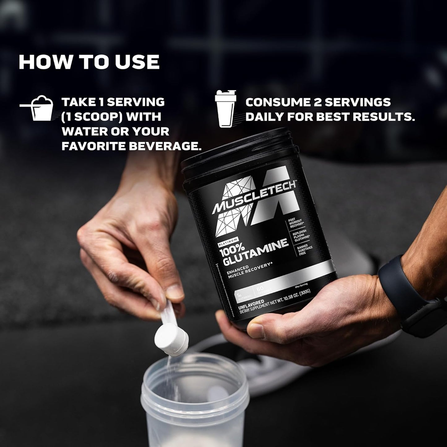 Glutamine Powder | MuscleTech 100% Pure L Glutamine Powder | Post Workout Recovery Drink | L-Glutamine Powder for Men & Women | Muscle Recovery | Unflavored (60 Servings)