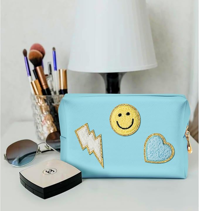 LieToi Preppy Patch Cosmetic Toiletry Bag, PU Leather Portable Waterproof Makeup Bag Smile Lightning Heart Organizer Compliant Bag Daily Travel Use Storage Purse for Women Girls (Large, Canal Blue)