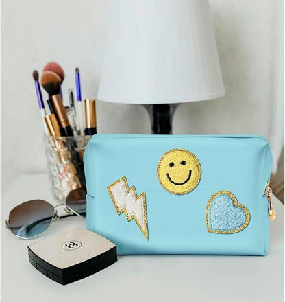 LieToi Preppy Patch Cosmetic Toiletry Bag, PU Leather Portable Waterproof Makeup Bag Smile Lightning Heart Organizer Compliant Bag Daily Travel Use Storage Purse for Women Girls (Large, Canal Blue)