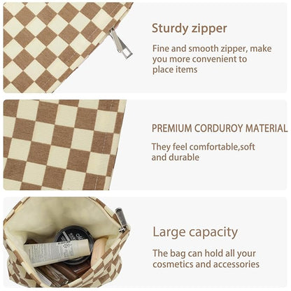 ZLFSRQ Checkered Makeup Bag for Women Large Capacity Brown Travel Cosmetic Bag Set Makeup Pouch for Purse Zipper Toiletry Organizer Cute Y2K Aesthetic Trendy Adults Zipper Skincare Storage Organizer