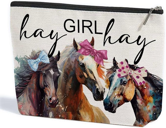 Vintage Funny Horse Stuff Farm Animals Western Makeup Bag Graduation Mothers Day Birthday Horse Gifts for Girls Women Horse Lovers Equestrian Friends Daughter Sister Niece Cosmetic Bag Hay girls Hay