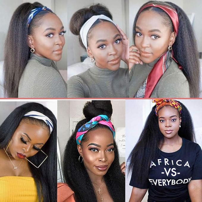 Headband Wigs Human Hair 180% Density 12A Kinky Straight Human Hair Headband Wigs For Black Women Yaki Straight Human Hair Wigs With Headband Attached Half Wig Natural Black Color 18 Inch
