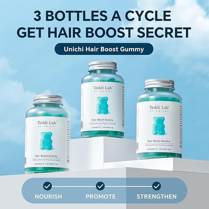 Unichi Hair Boost Gummy 3-Pack, 5200mcg Biotin Formulated with Zinc, Pantothenic Acid and Vitamin A, C, E for Stronger and Thicker Hair, Great Tasting with Sea Salt & Green Grape Flavour, 180 Count