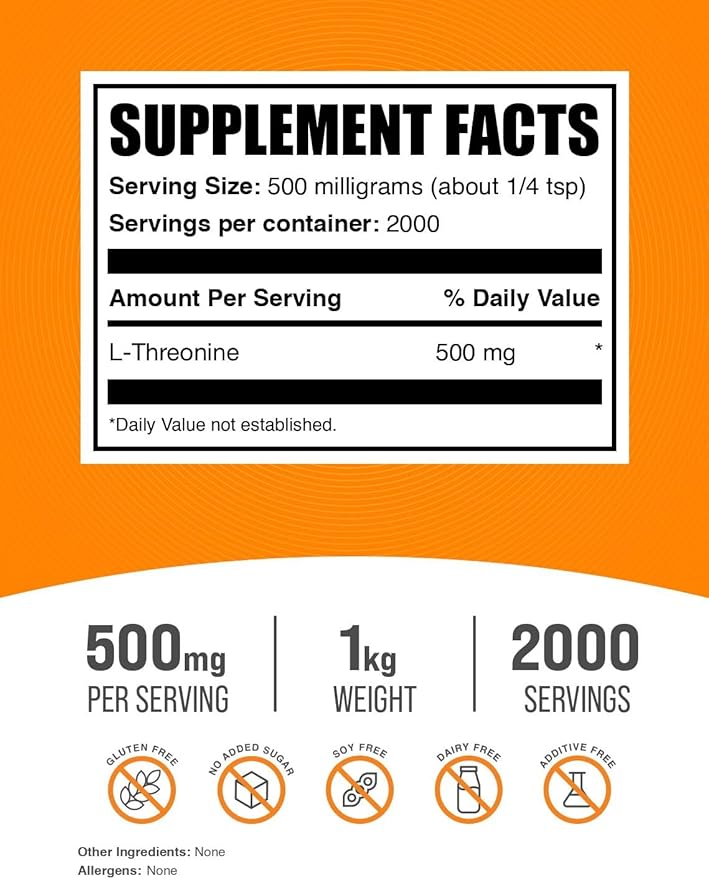 BulkSupplements.com L-Threonine Powder -Threonine Supplement, Amino Acid Supplement - Essential Amino Acid, Gluten Free, 500mg per Serving, 1kg (2.2 lbs) (Pack of 1)