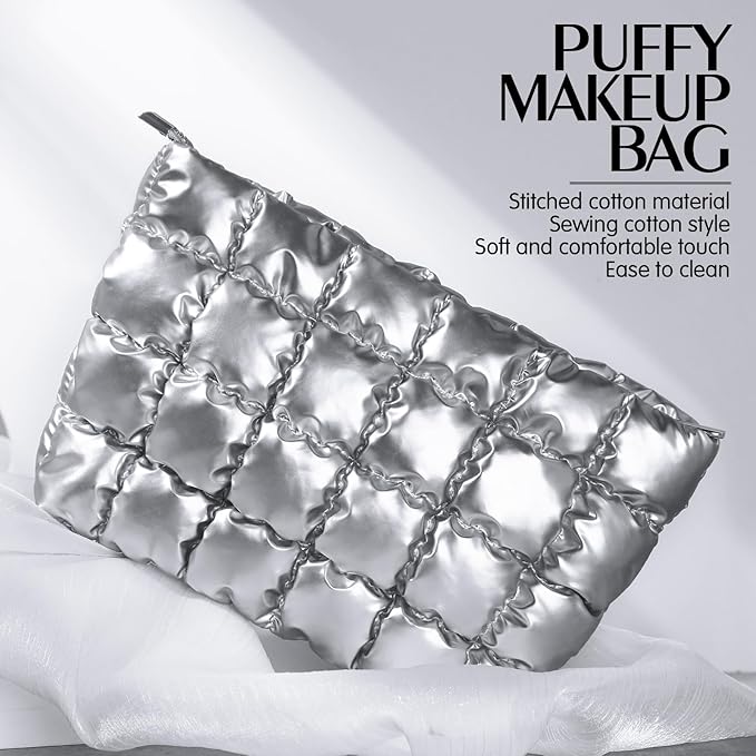 Hillban Puffy Quilted Makeup Bag Quilted Cosmetic Bag Cute Puffer Toiletry Checkered Pouch Aesthetic Travel Makeup Brushes Organizer(Silver,Classic)